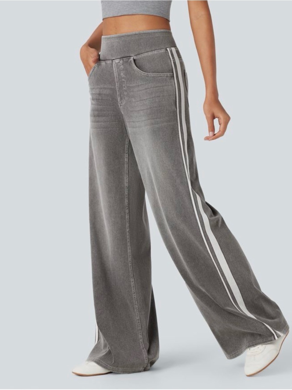 Halara Flex™ High Waisted Stripe Wide Leg Flowy Washed Casual Jeans with Pockets